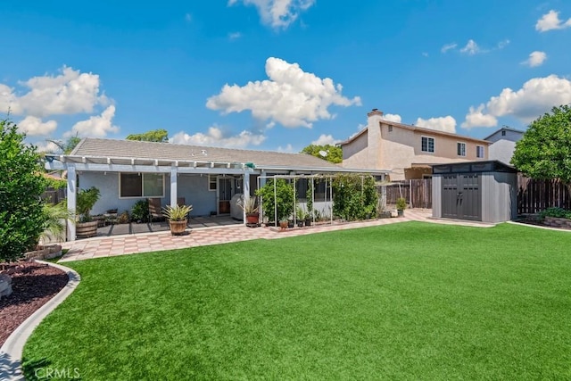 2549 Esperanza St, San Bernardino, CA 92410 - rear view of property featuring a pergola, a storage shed, a patio area, stucco siding, and a chimney