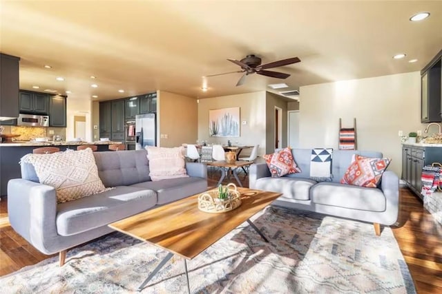 8075 Quail Trl, Yucca Valley, CA 92284 - living room featuring dark wood-type flooring, ceiling fan, and recessed lighting