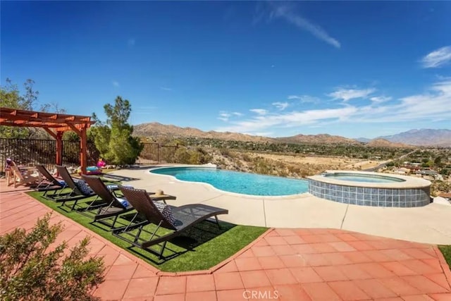 8075 Quail Trl, Yucca Valley, CA 92284 - view of swimming pool with a mountain view, a pergola, a patio, and a pool with connected hot tub