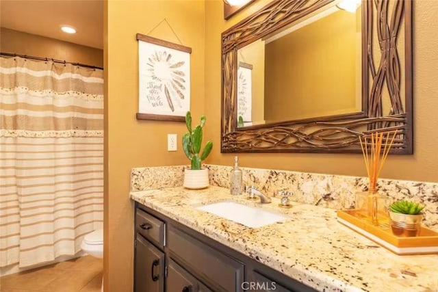 8075 Quail Trl, Yucca Valley, CA 92284 - bathroom with vanity, tile patterned flooring, curtained shower, and recessed lighting