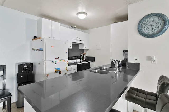2521 W Sunflower Ave Unit R1, Santa Ana, CA 92704 - kitchen featuring white appliances, dark countertops, a peninsula, white cabinetry, and under cabinet range hood