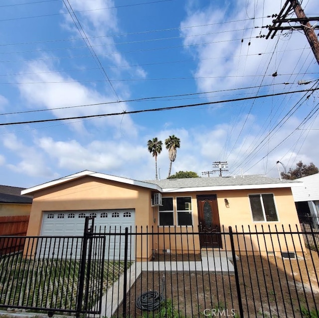 3765 Globe Ave, Los Angeles, CA 90066 - ranch-style house featuring stucco siding, a garage, a fenced front yard, and a shingled roof