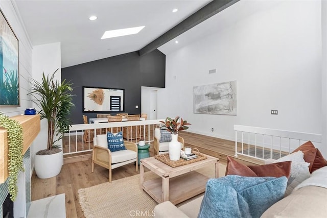32772 Shipside Dr, Dana Point, CA 92629 - living area with wood finished floors, beam ceiling, a skylight, high vaulted ceiling, and recessed lighting