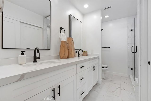 32772 Shipside Dr, Dana Point, CA 92629 - bathroom with marble look tile flooring, double vanity, a stall shower, and recessed lighting