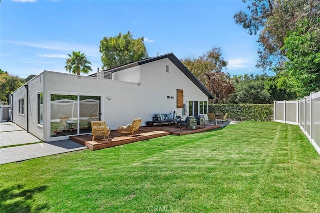 32772 Shipside Dr, Dana Point, CA 92629 - back of house featuring a fenced backyard, a wooden deck, outdoor lounge area, and stucco siding