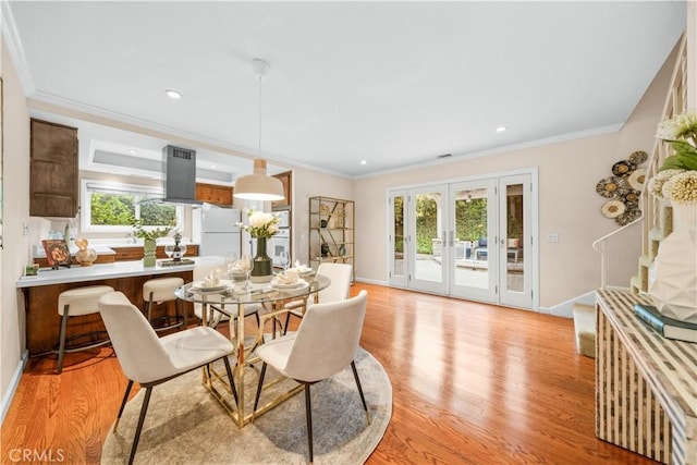20158 Barnard Ave, Walnut, CA 91789 - dining room featuring light wood-style flooring, ornamental molding, french doors, and recessed lighting