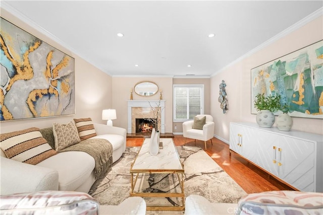20158 Barnard Ave, Walnut, CA 91789 - living room featuring ornamental molding, wood finished floors, a premium fireplace, and recessed lighting