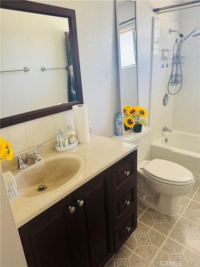 27102 Capilano Dr, Menifee, CA 92586 - bathroom with vanity, decorative backsplash, and shower / bathtub combination