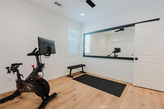 28524 Songbird Way, Saugus, CA 91350 - exercise room featuring ceiling fan, wood finished floors, and recessed lighting