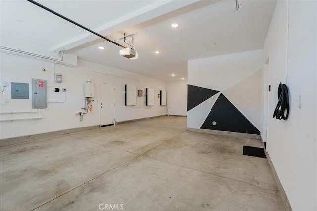 28524 Songbird Way, Saugus, CA 91350 - garage featuring electric panel, a garage door opener, water heater, and recessed lighting
