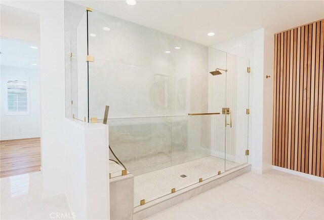 28524 Songbird Way, Saugus, CA 91350 - full bathroom featuring a shower stall, tile patterned flooring, and recessed lighting