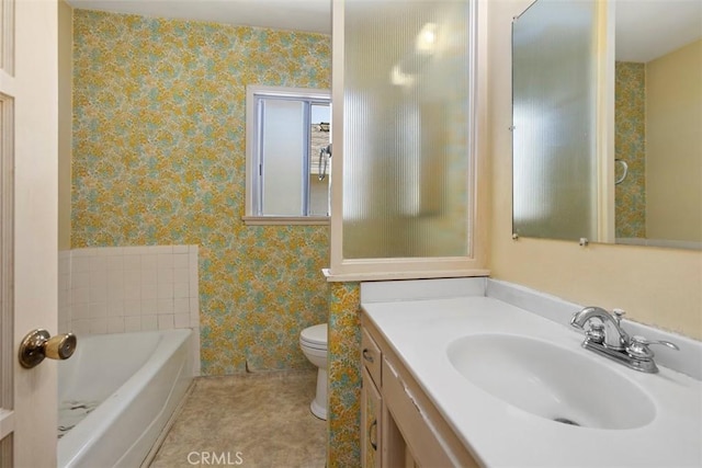 2729 N Studebaker Rd, Long Beach, CA 90815 - bathroom featuring wallpapered walls, a bath, vanity, and tile patterned floors