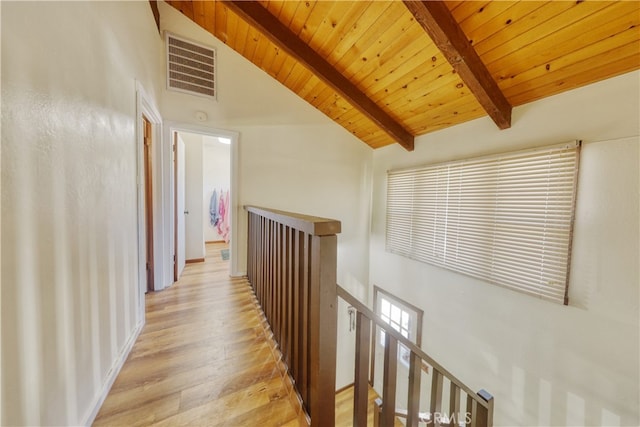 77 Meadow Lakes Dr, Tehachapi, CA 93561 - hall featuring an upstairs landing, light wood-type flooring, a wooden ceiling with exposed beams, and high vaulted ceiling