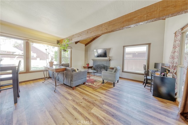 77 Meadow Lakes Dr, Tehachapi, CA 93561 - living room with light wood-type flooring, a fireplace, and a textured ceiling