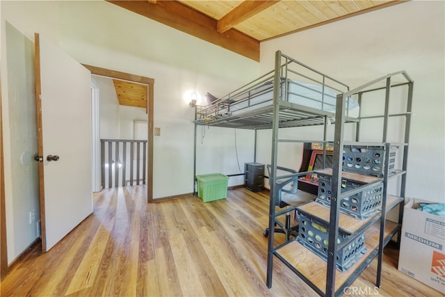 77 Meadow Lakes Dr, Tehachapi, CA 93561 - bedroom featuring wood finished floors and a wood ceiling with exposed beams
