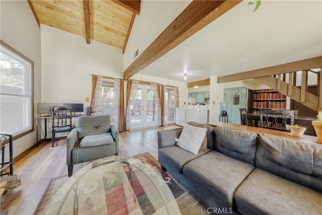 77 Meadow Lakes Dr, Tehachapi, CA 93561 - living area featuring wood finished floors, plenty of natural light, washing machine and clothes dryer, french doors, and wood ceiling