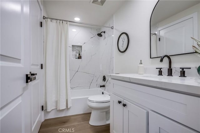 14632 Kimberly Cir, Tustin, CA 92780 - full bathroom with vanity, shower / bath combination with curtain, wood finished floors, and recessed lighting