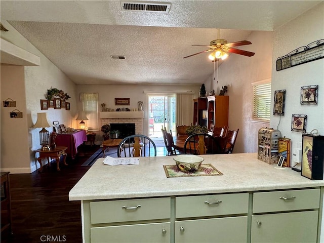 512 E Clinton Ave, Atwater, CA 95301 - kitchen with green cabinets, dark wood-style floors, open floor plan, ceiling fan, and a textured ceiling