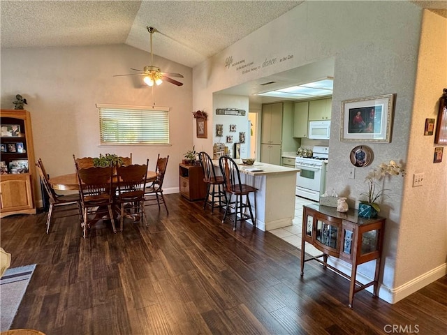 512 E Clinton Ave, Atwater, CA 95301 - dining room with lofted ceiling, wood finished floors, a ceiling fan, a textured ceiling, and a textured wall