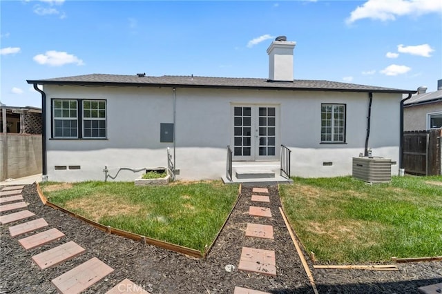 18656 Runnymede St, Reseda, CA 91335 - rear view of property featuring french doors, a chimney, stucco siding, and crawl space
