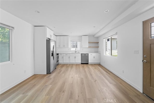 18656 Runnymede St, Reseda, CA 91335 - kitchen with appliances with stainless steel finishes, light wood-type flooring, white cabinetry, and light countertops