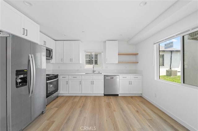 18656 Runnymede St, Reseda, CA 91335 - kitchen featuring appliances with stainless steel finishes, white cabinets, light wood-style floors, and recessed lighting