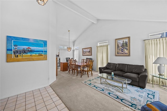 3681 Foxplain Rd, Corona, CA 92882 - carpeted living area featuring high vaulted ceiling, beam ceiling, and tile patterned flooring