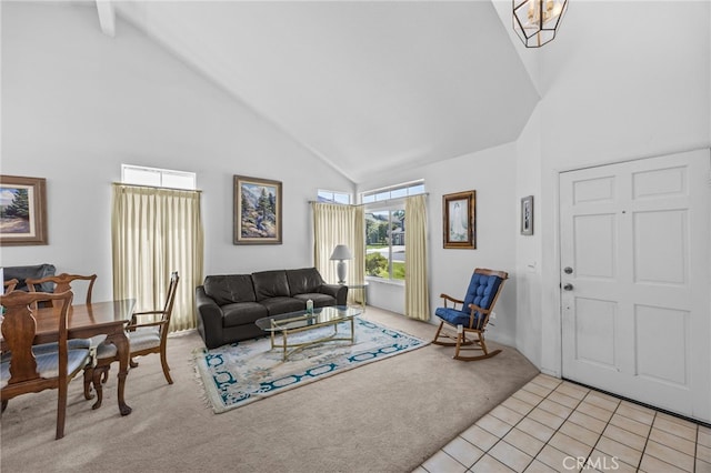 3681 Foxplain Rd, Corona, CA 92882 - living room featuring high vaulted ceiling, light colored carpet, and light tile patterned flooring
