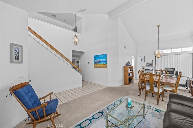 3681 Foxplain Rd, Corona, CA 92882 - carpeted living area with high vaulted ceiling, beam ceiling, a chandelier, and stairway