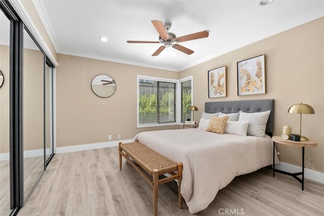 2421473 El Pilar, Laguna Niguel, CA 92677 - bedroom with light wood-type flooring, crown molding, recessed lighting, ceiling fan, and a closet