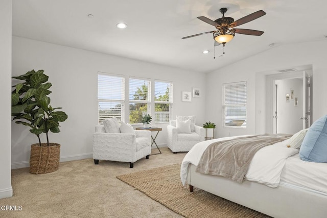 5000 Terramar Way, Oxnard, CA 93035 - carpeted bedroom with vaulted ceiling, recessed lighting, and a ceiling fan
