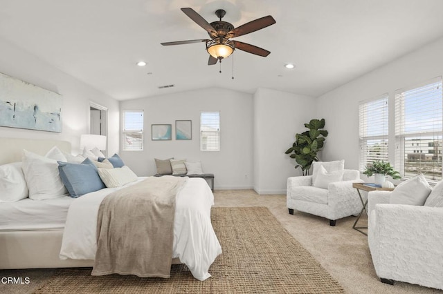 5000 Terramar Way, Oxnard, CA 93035 - bedroom featuring vaulted ceiling, light carpet, recessed lighting, and a ceiling fan