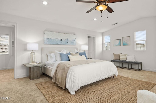 5000 Terramar Way, Oxnard, CA 93035 - bedroom with carpet floors, vaulted ceiling, recessed lighting, and a ceiling fan