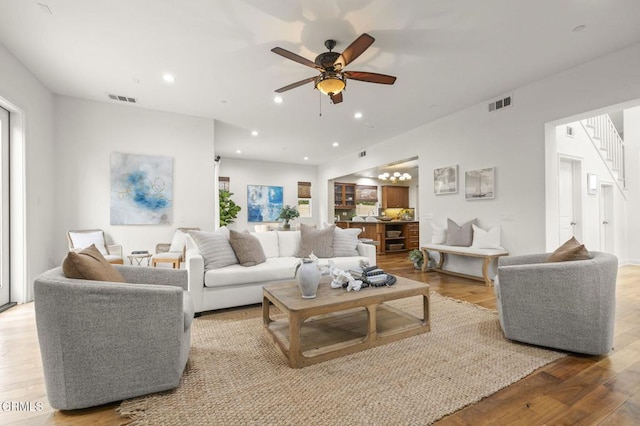 5000 Terramar Way, Oxnard, CA 93035 - living area featuring wood finished floors, ceiling fan, recessed lighting, and a chandelier