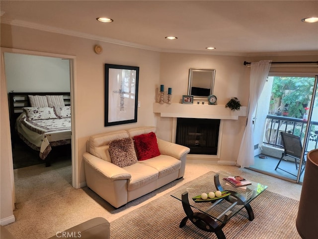 21450 Burbank Blvd Unit 211, Woodland Hills, CA 91367 - living room with light carpet, a fireplace, recessed lighting, and ornamental molding
