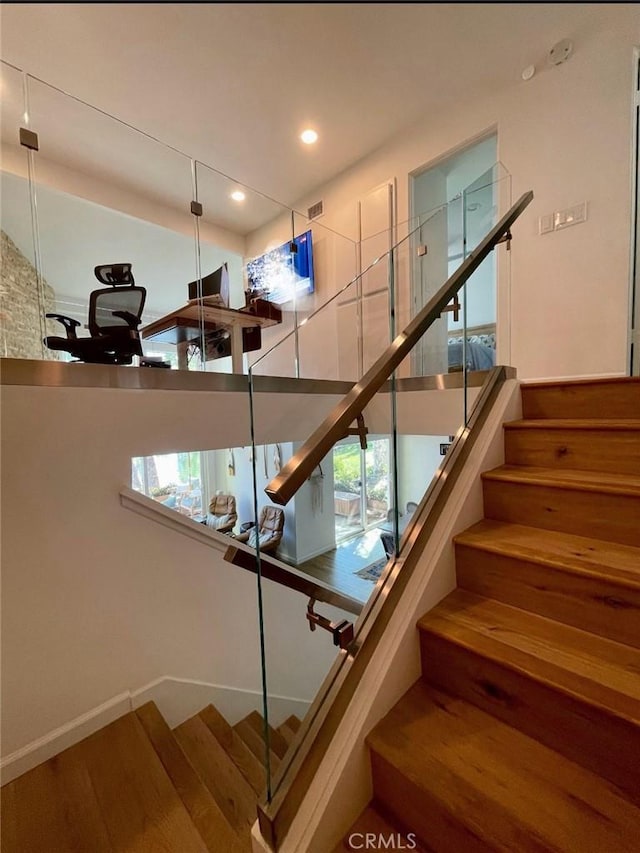 1158 S Westlake Blvd Unit D, Westlake Village, CA 91361 - stairs featuring wood finished floors and recessed lighting