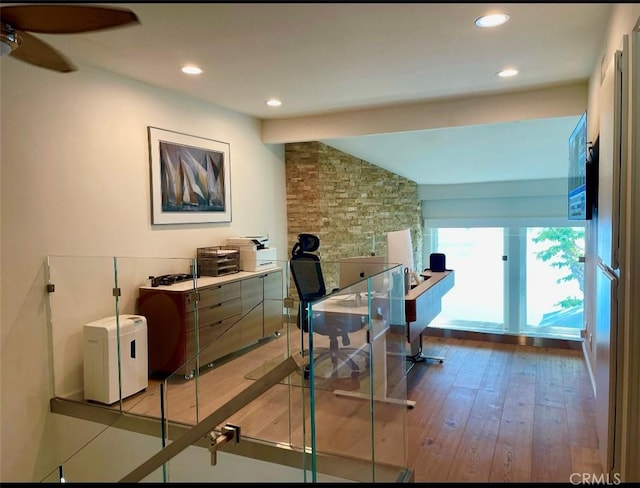 1158 S Westlake Blvd Unit D, Westlake Village, CA 91361 - home office featuring hardwood / wood-style floors, a ceiling fan, recessed lighting, and lofted ceiling