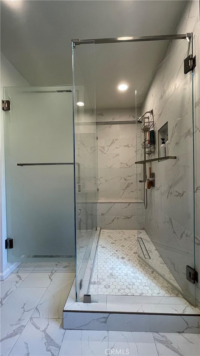 1158 S Westlake Blvd Unit D, Westlake Village, CA 91361 - full bathroom featuring a marble finish shower, marble finish flooring, and recessed lighting