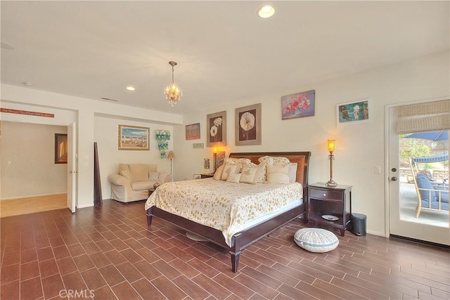 6236 Ashton Pl, Rancho Cucamonga, CA 91739 - bedroom featuring a chandelier, recessed lighting, and access to outside