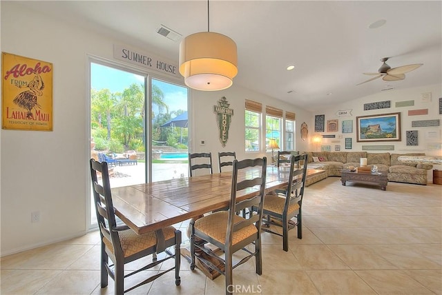 6236 Ashton Pl, Rancho Cucamonga, CA 91739 - dining space featuring light tile patterned floors, ceiling fan, and lofted ceiling