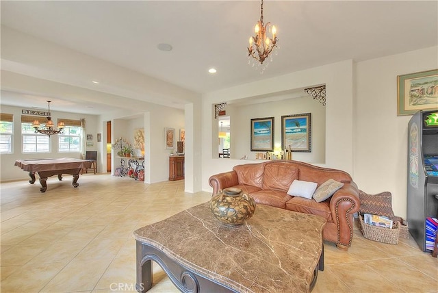 6236 Ashton Pl, Rancho Cucamonga, CA 91739 - living area featuring a chandelier, light tile patterned flooring, billiards table, and recessed lighting