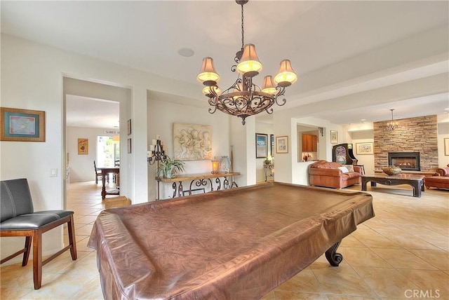 6236 Ashton Pl, Rancho Cucamonga, CA 91739 - recreation room featuring light tile patterned floors, a stone fireplace, pool table, and a chandelier