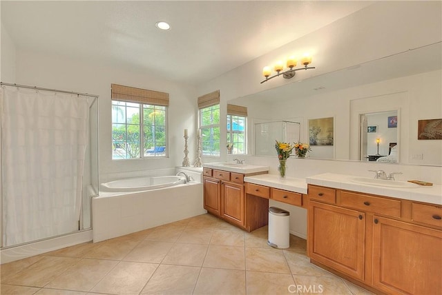 6236 Ashton Pl, Rancho Cucamonga, CA 91739 - bathroom featuring a shower with curtain, a garden tub, vanity, tile patterned flooring, and recessed lighting