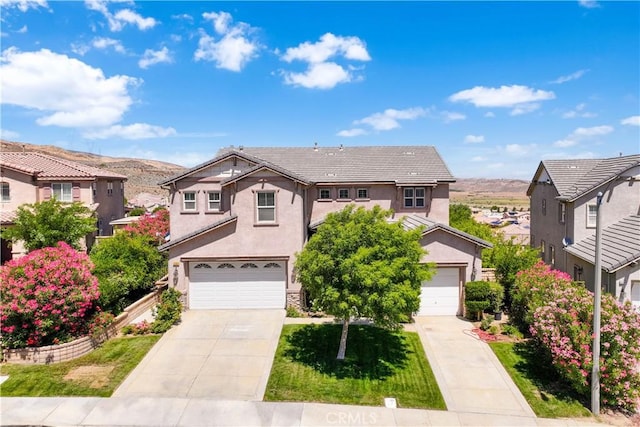 37351 Paintbrush Dr, Palmdale, CA 93551 - traditional-style home featuring stucco siding, concrete driveway, a residential view, a mountain view, and an attached garage