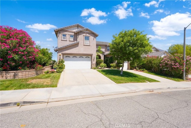 37351 Paintbrush Dr, Palmdale, CA 93551 - traditional-style home with stucco siding, concrete driveway, a garage, and a front lawn