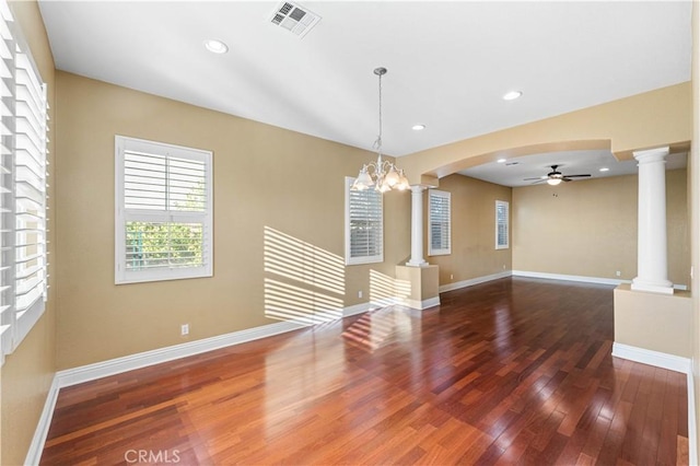 37351 Paintbrush Dr, Palmdale, CA 93551 - unfurnished room with decorative columns, ceiling fan, hardwood / wood-style flooring, arched walkways, and recessed lighting