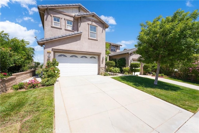37351 Paintbrush Dr, Palmdale, CA 93551 - view of front of house with an attached garage, a front yard, driveway, stucco siding, and stone siding