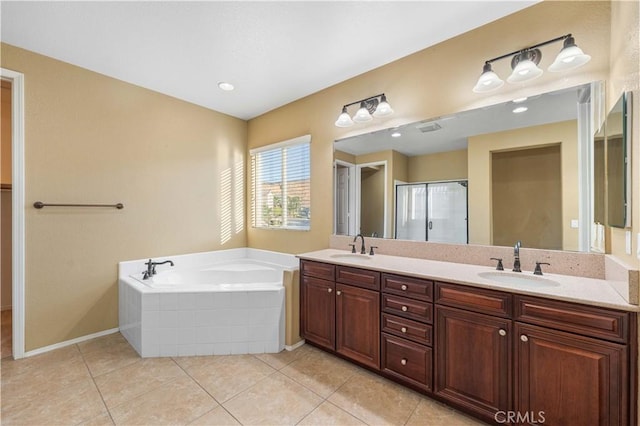 37351 Paintbrush Dr, Palmdale, CA 93551 - full bath with double vanity, a garden tub, a stall shower, and tile patterned flooring