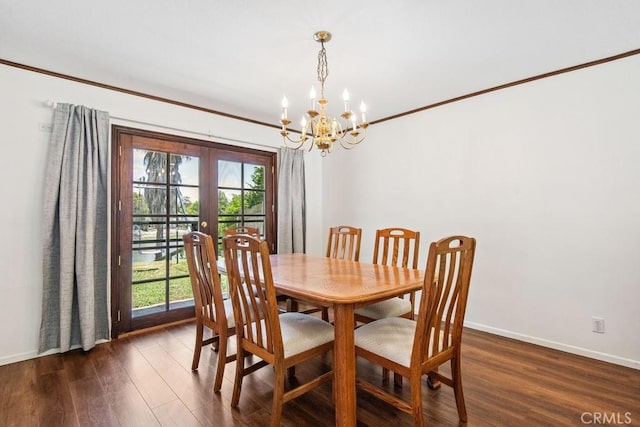 42724 Santa Suzanne Pl, Temecula, CA 92592 - dining space with french doors, dark wood-style floors, a chandelier, and healthy amount of natural light