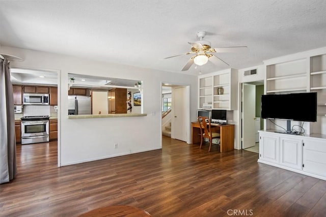 42724 Santa Suzanne Pl, Temecula, CA 92592 - living area with dark wood-style floors, ceiling fan, an office area, and a textured ceiling